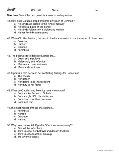 Hamlet Study Guide Answers Multiple Choice Reader