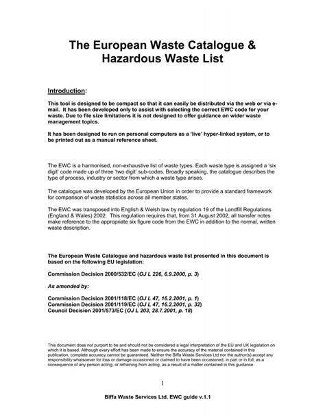 Hazardous Waste List Of The European Waste Catalogue