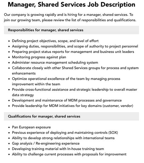 Head of Shared Services Job Description: Leading 7+ Core Functions