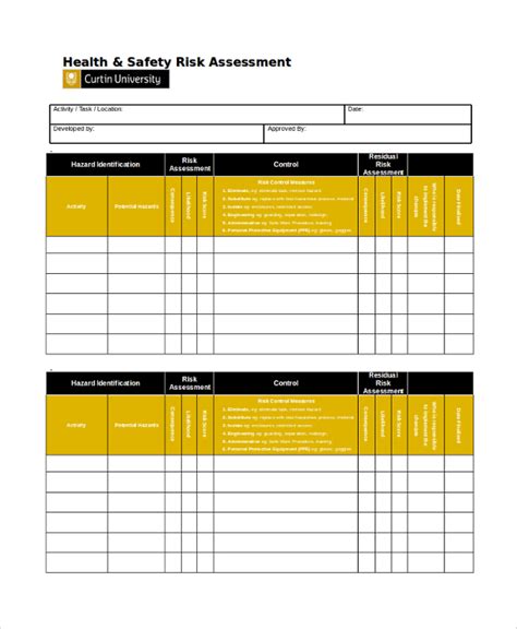 Health And Safety Risk Assessment Template