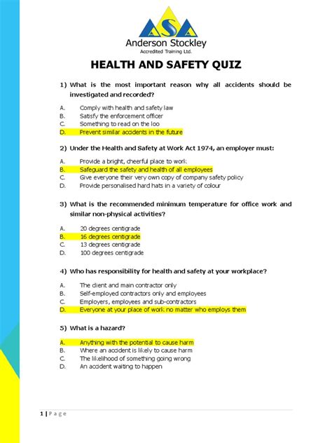 Health Safety Awareness Quiz Answers Reader