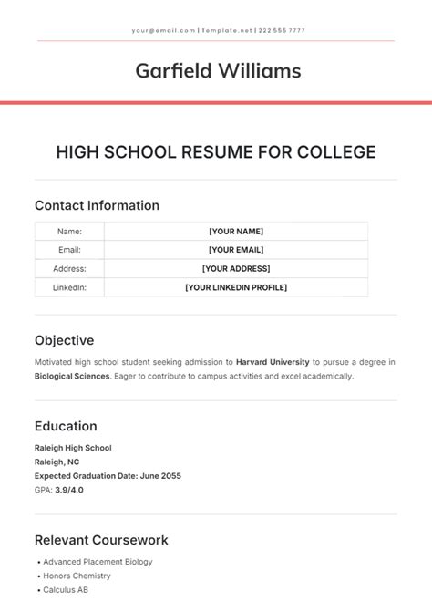 High School Resume For College Template