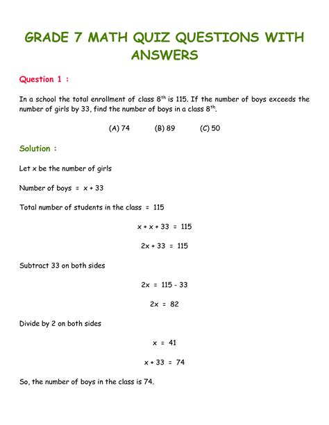 Higher Secondary Mathematics Quiz Questions With Answers Doc