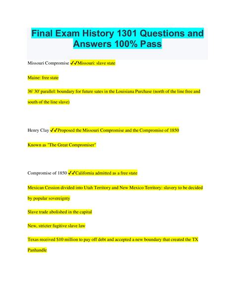 History 1301 Final Exam With Answers Doc