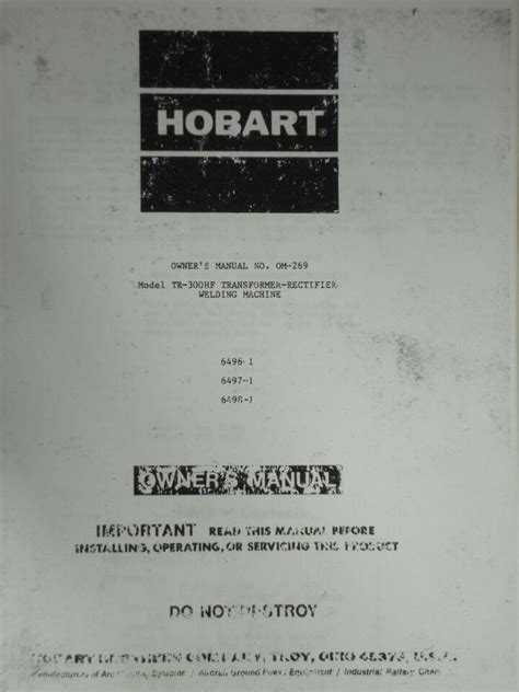 Hobart Tr 300 Electric And Parts Manual Ebook PDF