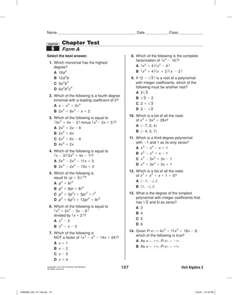 Holt Algebra 2 Quiz Form B Answers PDF