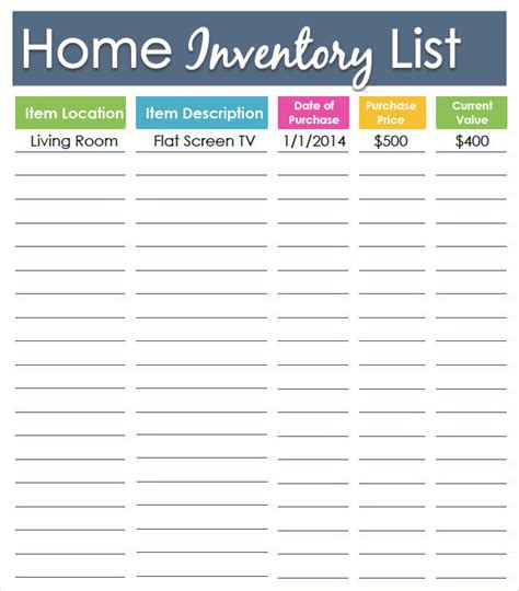 Home Inventory List Template