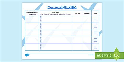 Homework Checklist Template