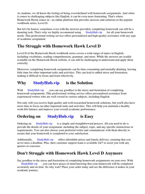 Homework Hawk Level D Answers Kindle Editon