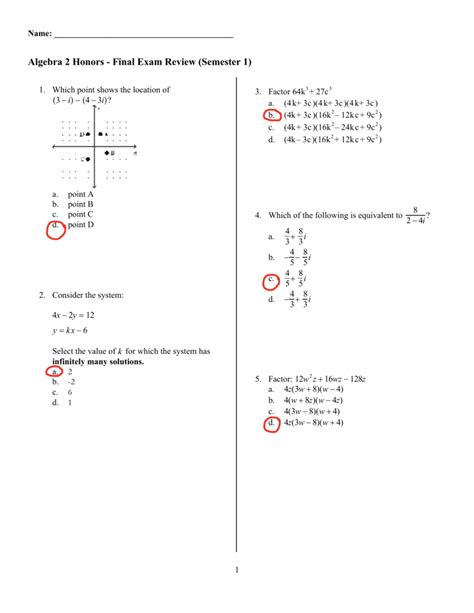 Honors Algebra 2 B Semester Exam Review Answers PDF