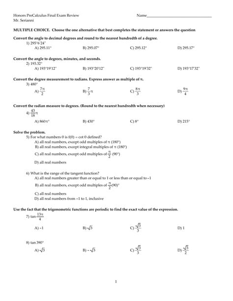 Honors Precalculus A Exam Review Answers PDF