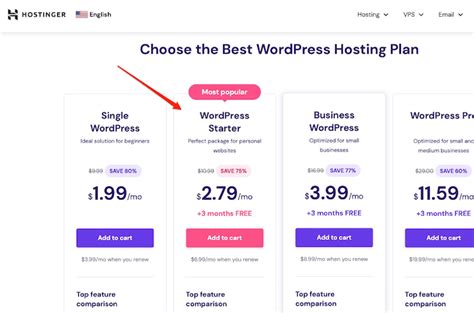 Hostinger WordPress Starter Plan features and pricing table