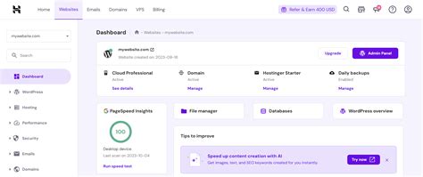 Screenshot showcasing the clean and intuitive interface of the Hostinger hPanel dashboard, highlighting key management features.