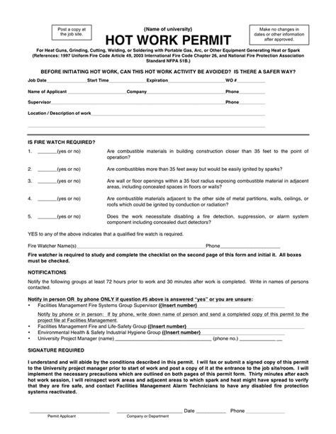 Hot Work Permit Template Word