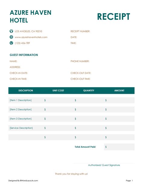 Hotel Receipt Template Word