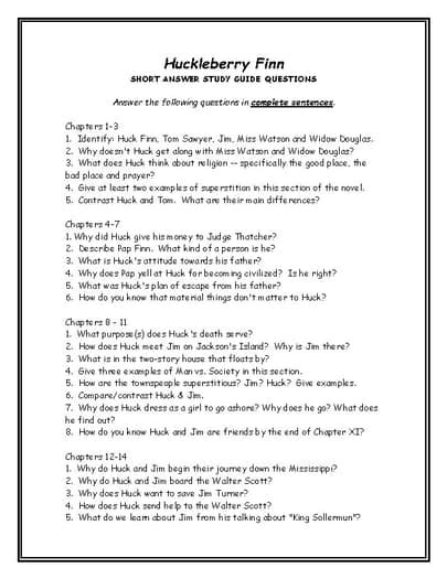 Huckleberry Finn Short Answer Questions And Answers Reader