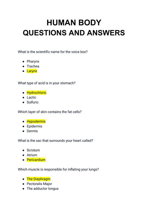 Human Anatomy Questions And Answers Doc