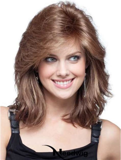 Human Wigs Wavy Lace Front Shoulder Length Brown Shag with Bangs Wigs