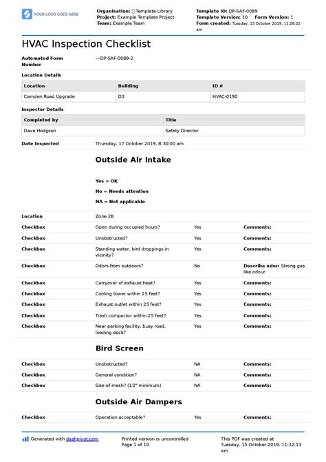 Hvac Inspection Checklist Residential PDF Doc