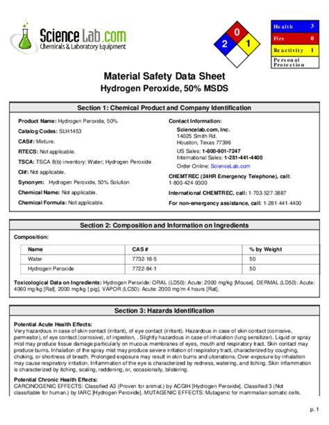 Hydrogen Peroxide (30% - 50%) COSHH Data Sheet