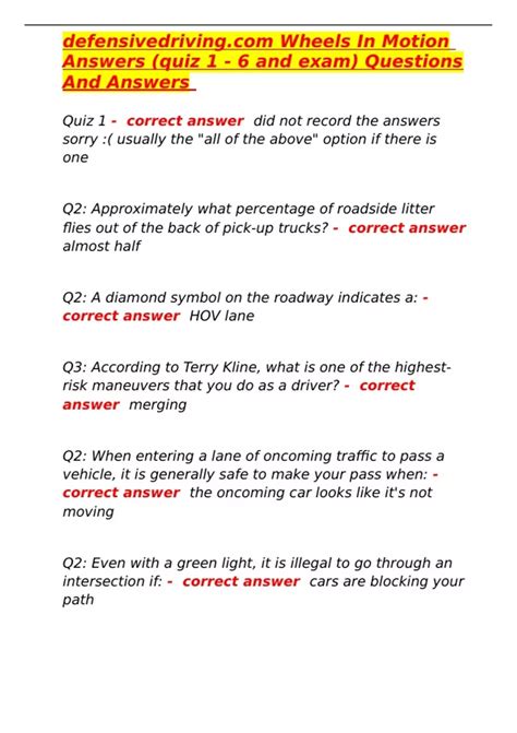 I Drive Safely Defensive Driving Quiz Answers Reader