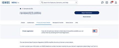 IONOS domain privacy protection options