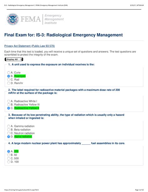 IS 3 RADIOLOGICAL EMERGENCY MANAGEMENT FINAL EXAM ANSWERS Ebook Epub