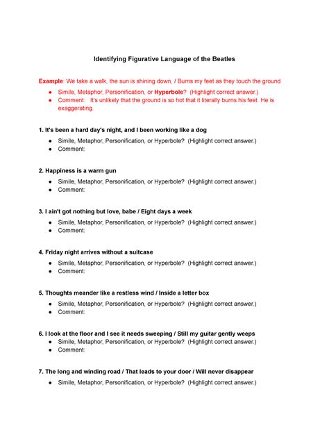 Identifying Figurative Language Of The Beatles Answer Key PDF