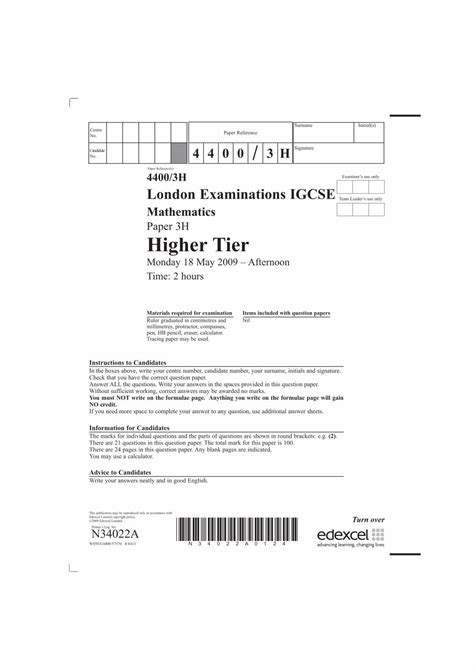 Igcse Maths 4400 3h June 2009 Answers PDF