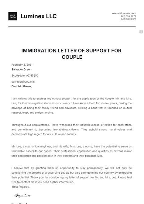 Immigration Letter Of Support For A Couple Template