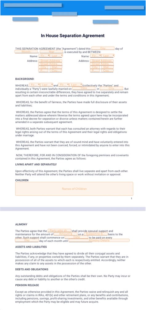 In House Separation Agreement Template