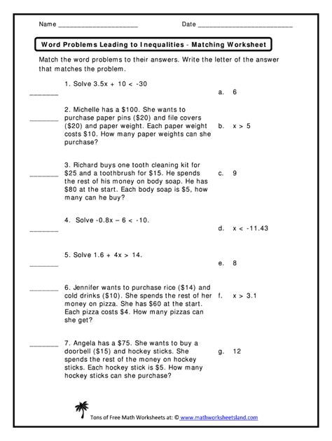 Inequality Word Problems Worksheet With Answers Doc