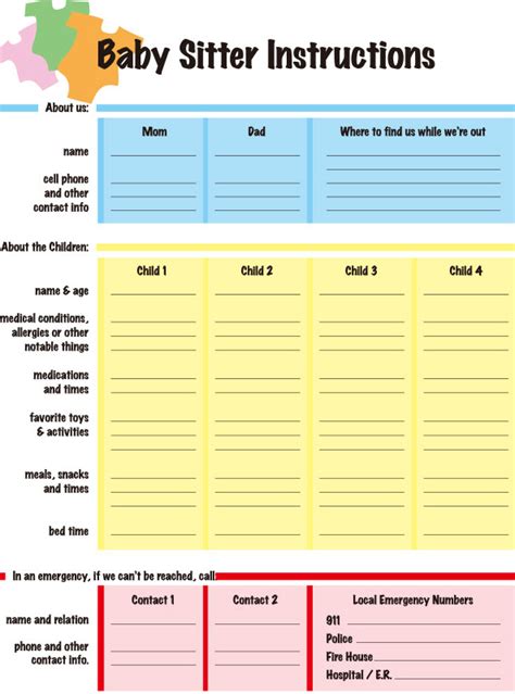 Instructions For Babysitter Template
