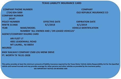Insurance Card Template Texas