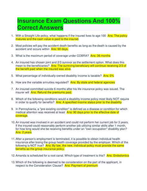 Insurance Exam Questions With Answers Epub