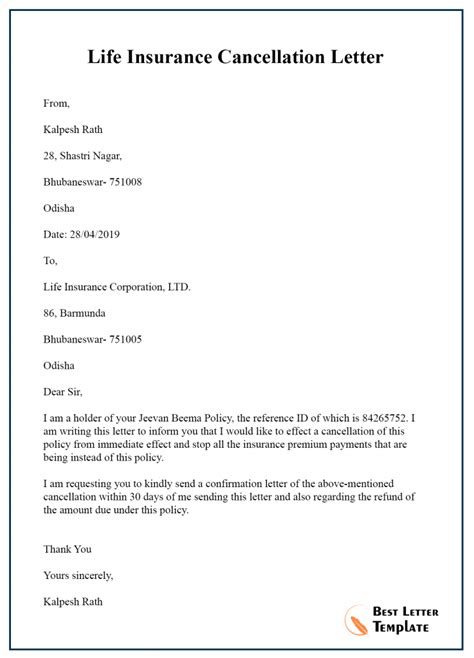 Insurance Policy Cancellation Letter Template