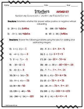 Integers Worksheet With Answer Key PDF