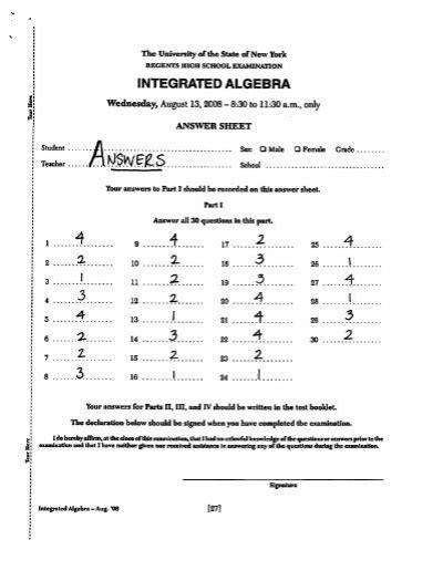 Integrated Algebra Regents August 2008 Answer Key PDF