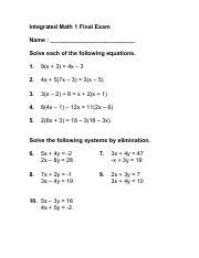 Integrated Math 1 Final Exam Review Answers Doc