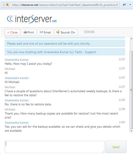 InterServer 24/7 customer support live chat interface