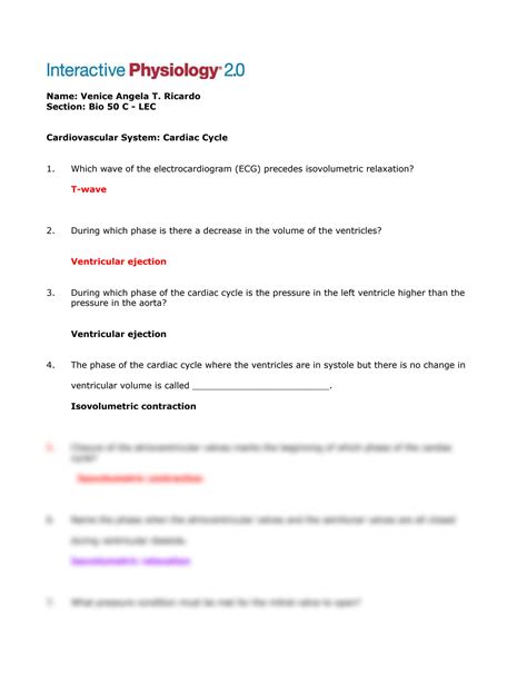 Interactive Physiology Cardiovascular Answers Reader