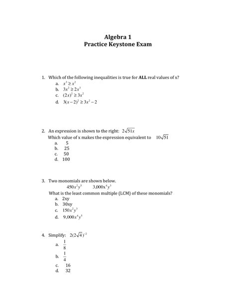 Intermediate Algebra Practice Test With Answers Doc