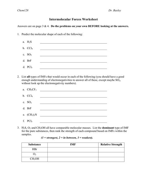 Intermolecular Forces Worksheet Answer Key Reader