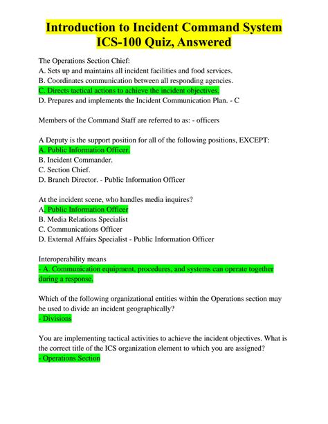 Introduction To Incident Command System Ics 100 Answer Key Reader