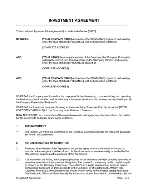 Investment Agreement Template Free