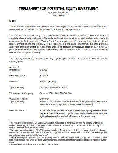 Investment Term Sheet Template