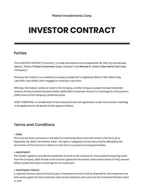 Investor Contract Template