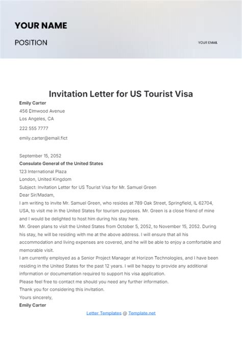 Invitation Letter For Tourist Visa Template