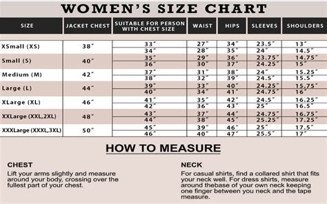 Jacket Size Chart Women