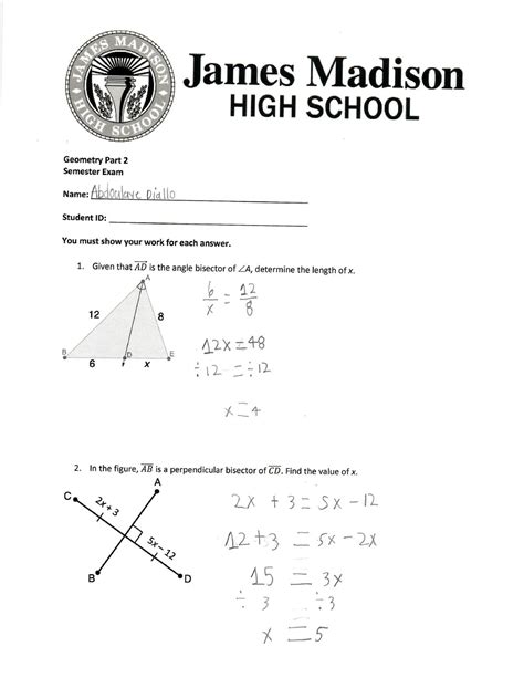 James Madison Exam 4 Geometry Answer Key PDF